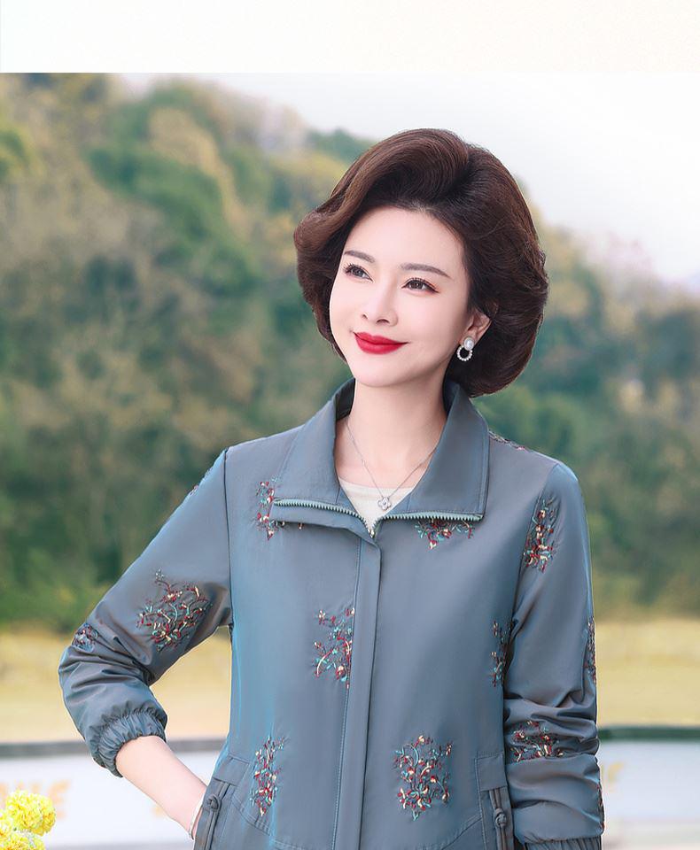 Elegant Embroidered Spring & Autumn Jacket for Moms - Fashionable Casual Trench Coat for Middle-Aged and Elderly Women
