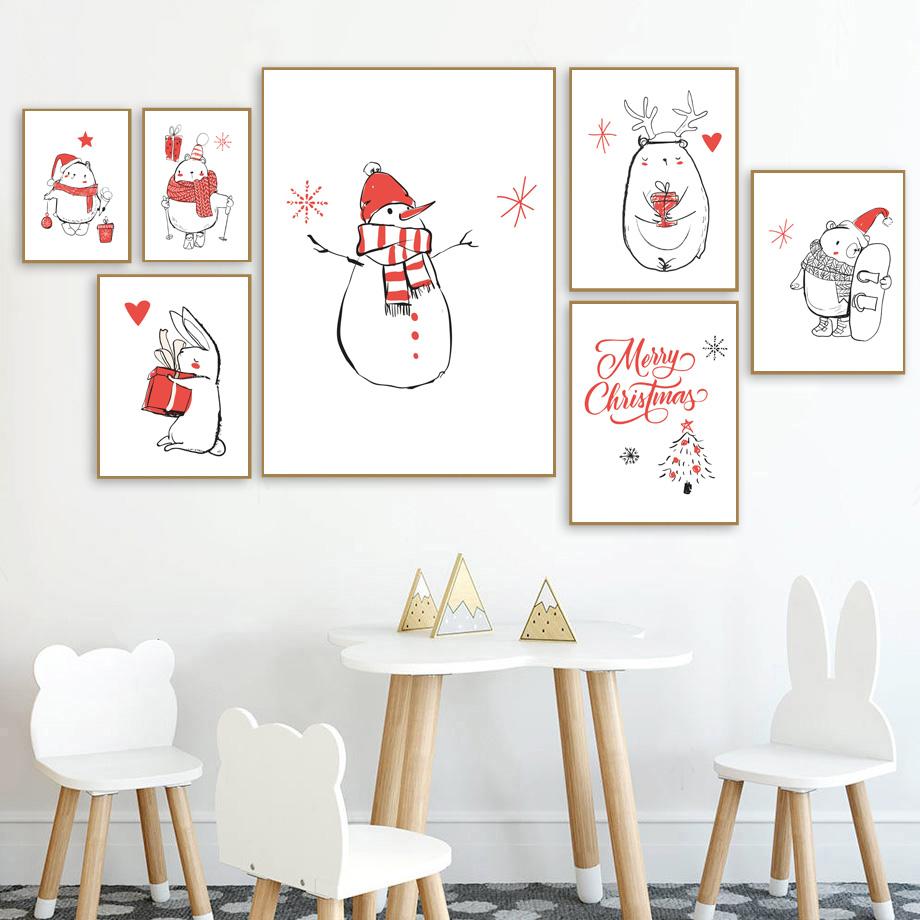 Cartoon Elk Snowman Picture Minimalist Sketch Canvas Poster Merry Christmas Decor Painting Happy New Year Kids Room Decor No Frame