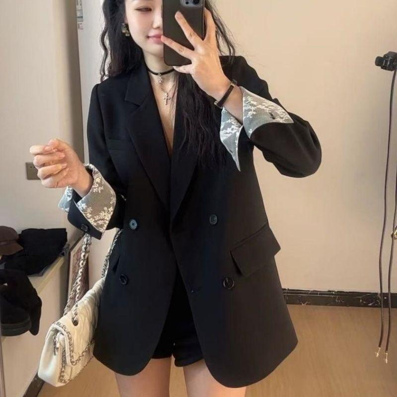 Trendy Spliced Blazer Spring Autumn Korean Style Loose Casual Suit Jacket Women Lace Trim Fashion Office Wear