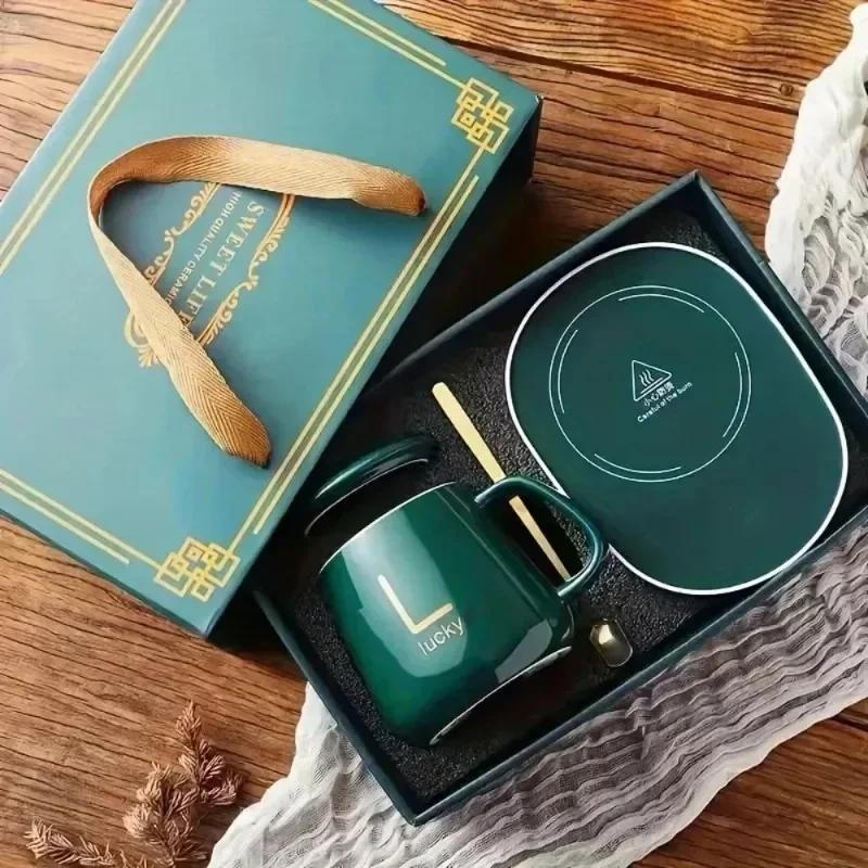 New Thermostat Cup Gift Box Ceramic Mug with Spoon And Storage Bag Set Folding Spoon Portable Cup 55℃ Thermostatic Coffee Cup