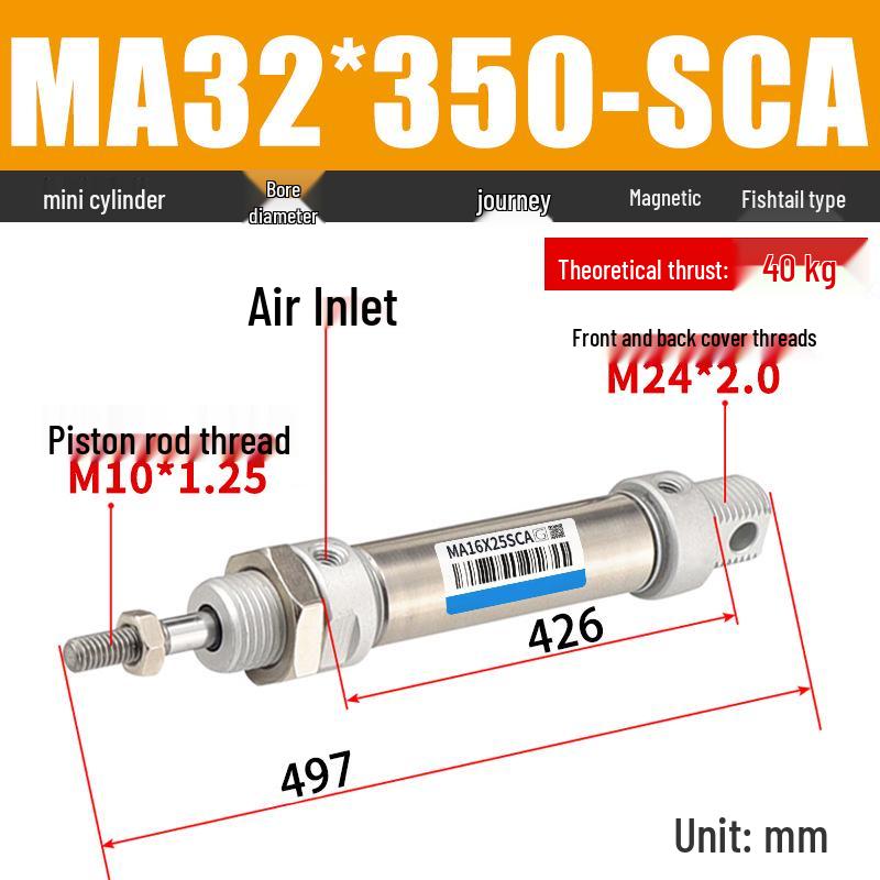 Mini Stainless Steel Pneumatic Cylinder MA Series (16-40mm Bore, 50-200mm Stroke)