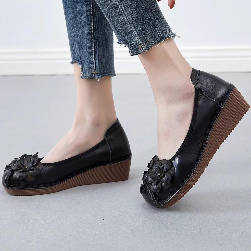New floral real leather shoes for women 2025 spring ballet flats luxury  designer wedges loafers soft wedges moccasins