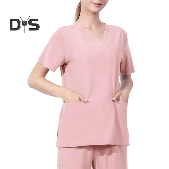 

V-образный вырез с коротким рукавом операционная форма топы карманы боковые разрезы больничные рабочие топы медсестры стоматологическая хирургия рабочая одежда 2XL розовый