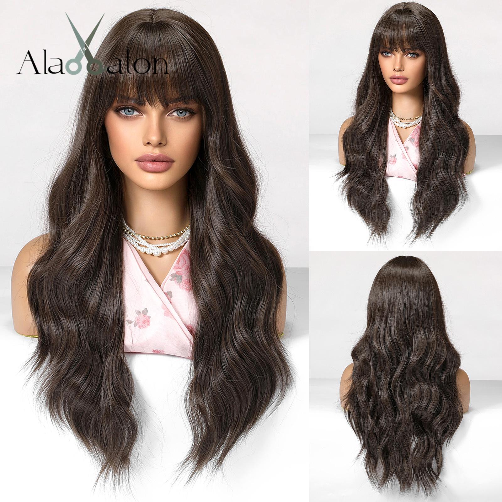 

Длинные волнистые парики ALAN EATON для чернокожих женщин, афроамериканские синтетические волосы, светло-коричневые парики с челкой, термостойкие косплей