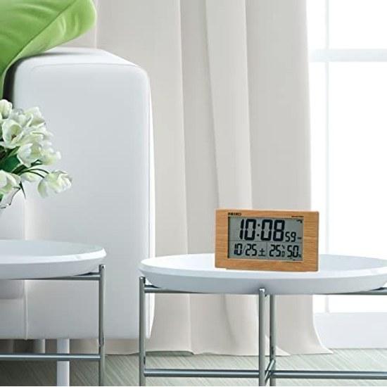 Seiko Clock Alarm Table Natural Radio Digital Calendar Comfort Level Temperature Humidity Display Light Brown Wood Grain SQ784A