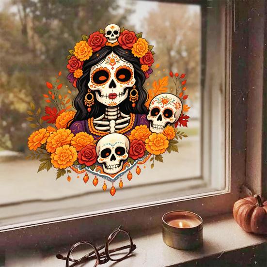 Unique Gift for Mexican Culture Fans Day of The Dead Window Clings, Dia De Los Muertos Sticker, Colorful Decorative Film Parties Sugar Skull