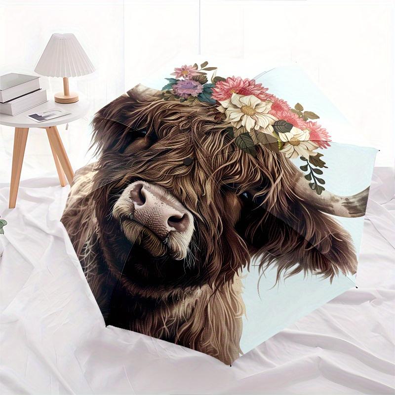 Flower Crown, Highland Cow Theme 8 Bone Hand Automatic Folding Fashion umbrella, Compact and Portable Design, A Perfect Gift for Birthday, C
