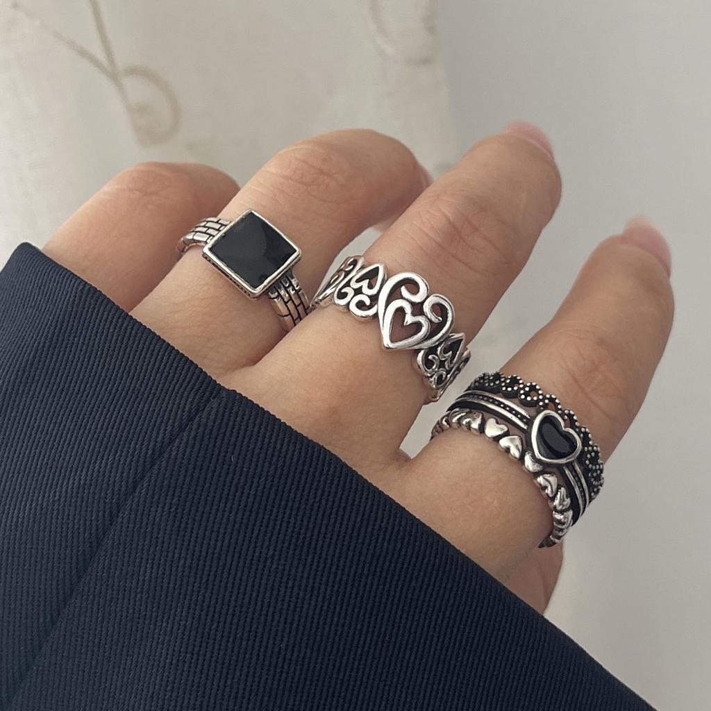 925 Sterling Silver Rings For Women Geometric Fine Jewelry Finger Adjustable Black Heart Stone Ring For Party Birthday Gift