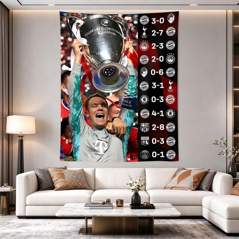 Bayern Munich goalkeeper lifts the Champions League trophy high with a fixture list running down the side, richly detailed Room Decor Accent