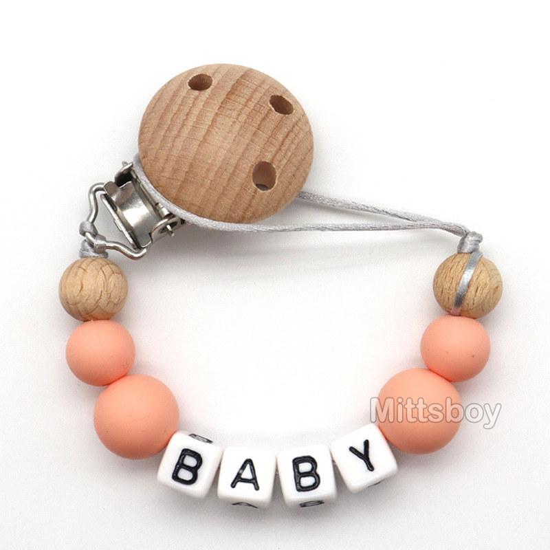 Newest Custom Personalized Name Pacifier Clips Handmade Beech Chains Silicone Beads Holder Soother Baby Teething Toys Chew Gift