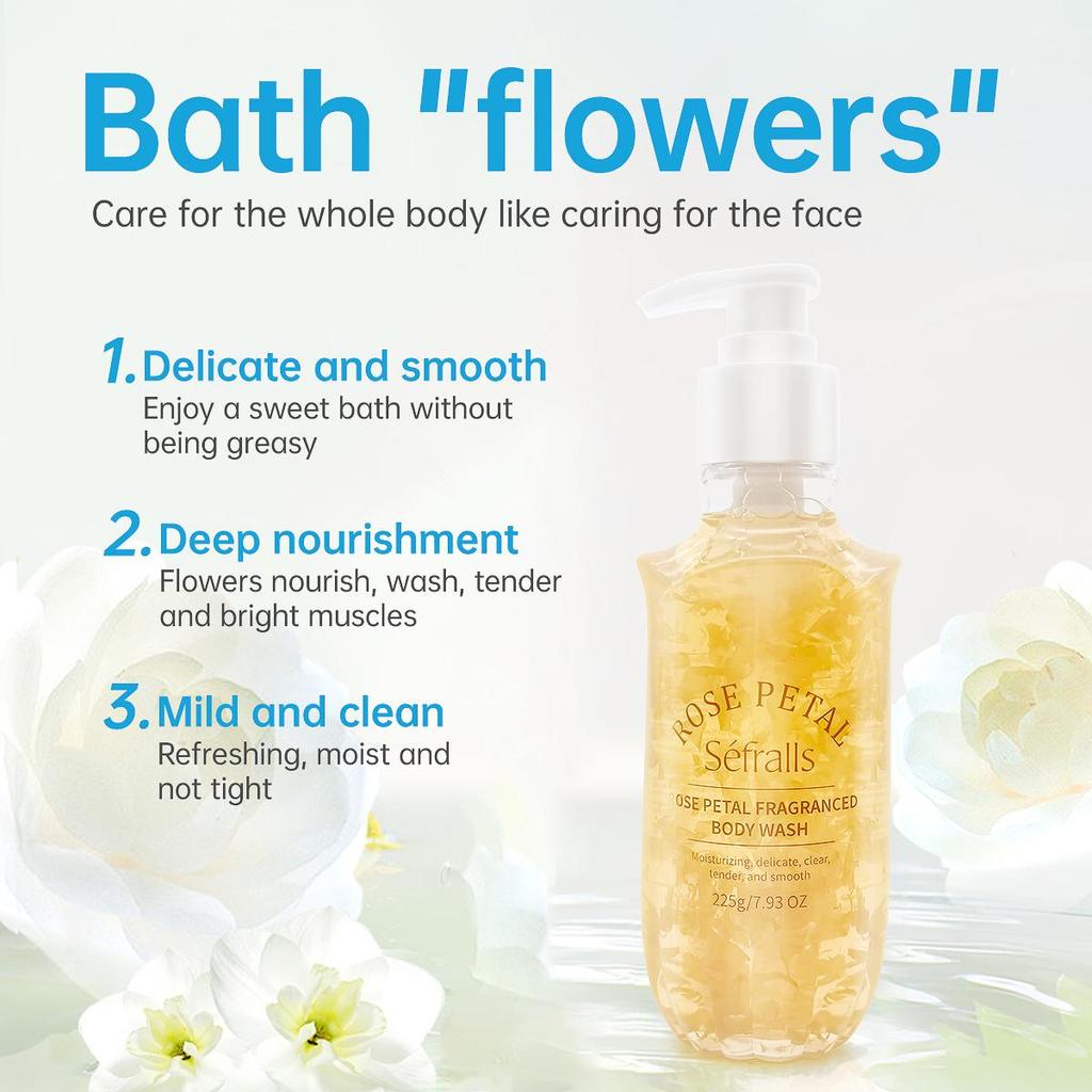 Bagnoschiuma Profumo di Petali di Rosa 225g, Pulizia profonda, idratante e idratante, contenente petali di rosa autentici