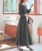 Kobe Lettuce Knit Long Elegant Size Long Ecru Women's Dress, Elegant, High-Quality Look, Sleeves, [E3289], M, V-Neck, Sleeves,