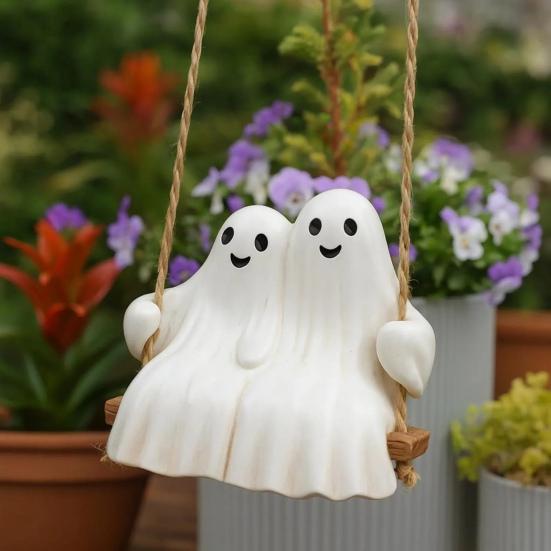 Halloween Couple Ghost Swing Statue Resin White Ghost Swinging Figurine Cute Ghost Sculpture for Garden Patio Yard Decor