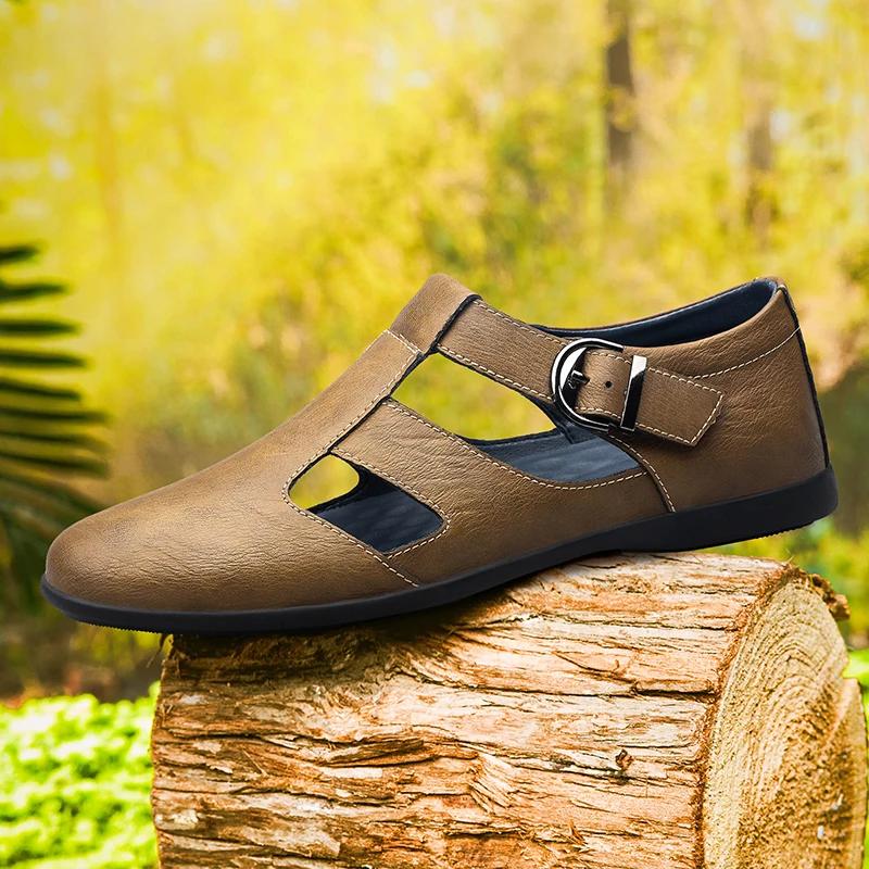 Fashion High Quality Men's Leather Sandals Breathable Hollow Design Summer Lightweight Non-Slip Sole Outdoor Trekking Comfortable Flats