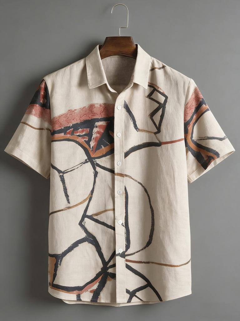 2026 New men's summer simple retro short-sleeved lapel shirt beige graffiti 3D printed shirt outdoor casual outdoor men's tops
