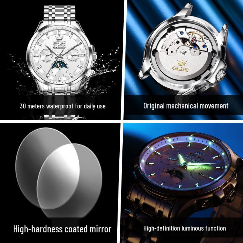 Oulishi Multifunktionale Automatische Wasserdichte Herrenuhr mit Ewigem Kalender
