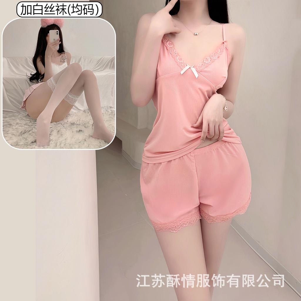 Crispy new suit suspender plus shorts lace red edge pink home bow solid color girl heart
