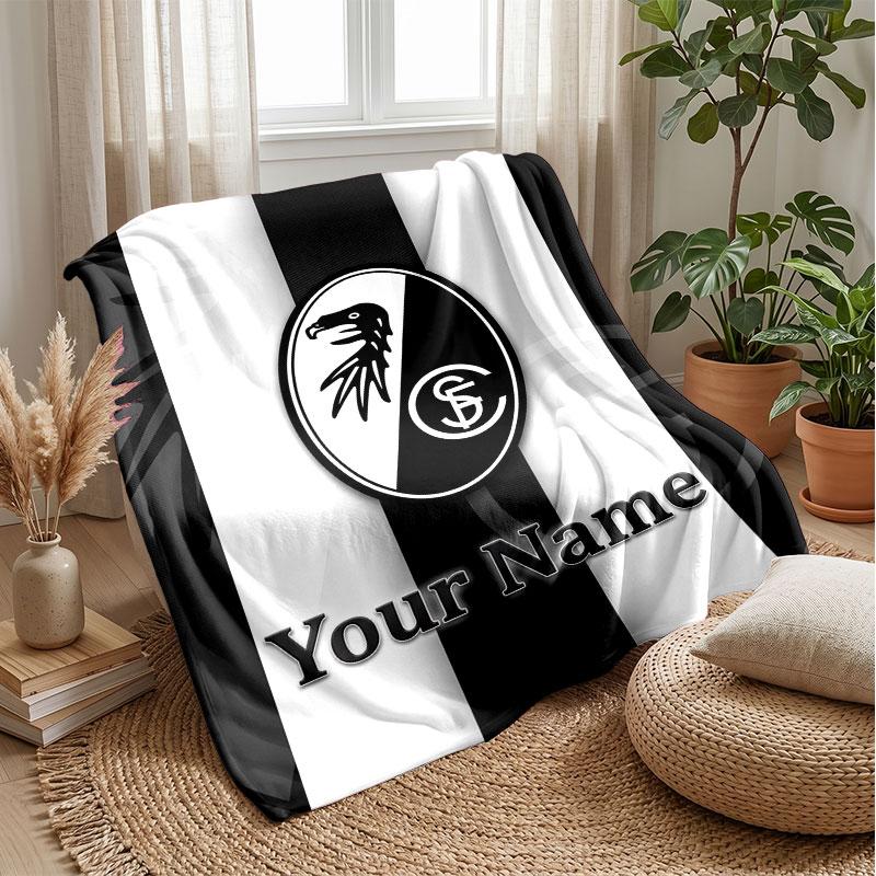 SC Freiburg FC Custom Name Text Flannel Blanket Soccer Logo Personalized Fleece Throw Blanket Special Gift For Sofa Bedroom Home