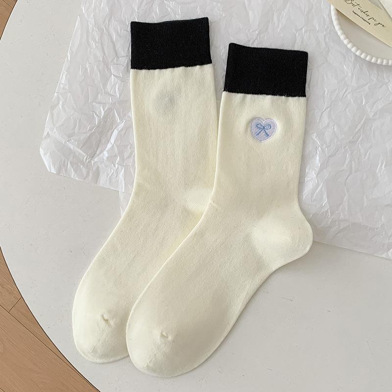 Color Matching Socks Pure Cotton Stacking Socks Embroidered Bow Love Dongdaemun Season Cotton Medium Tube Socks One size