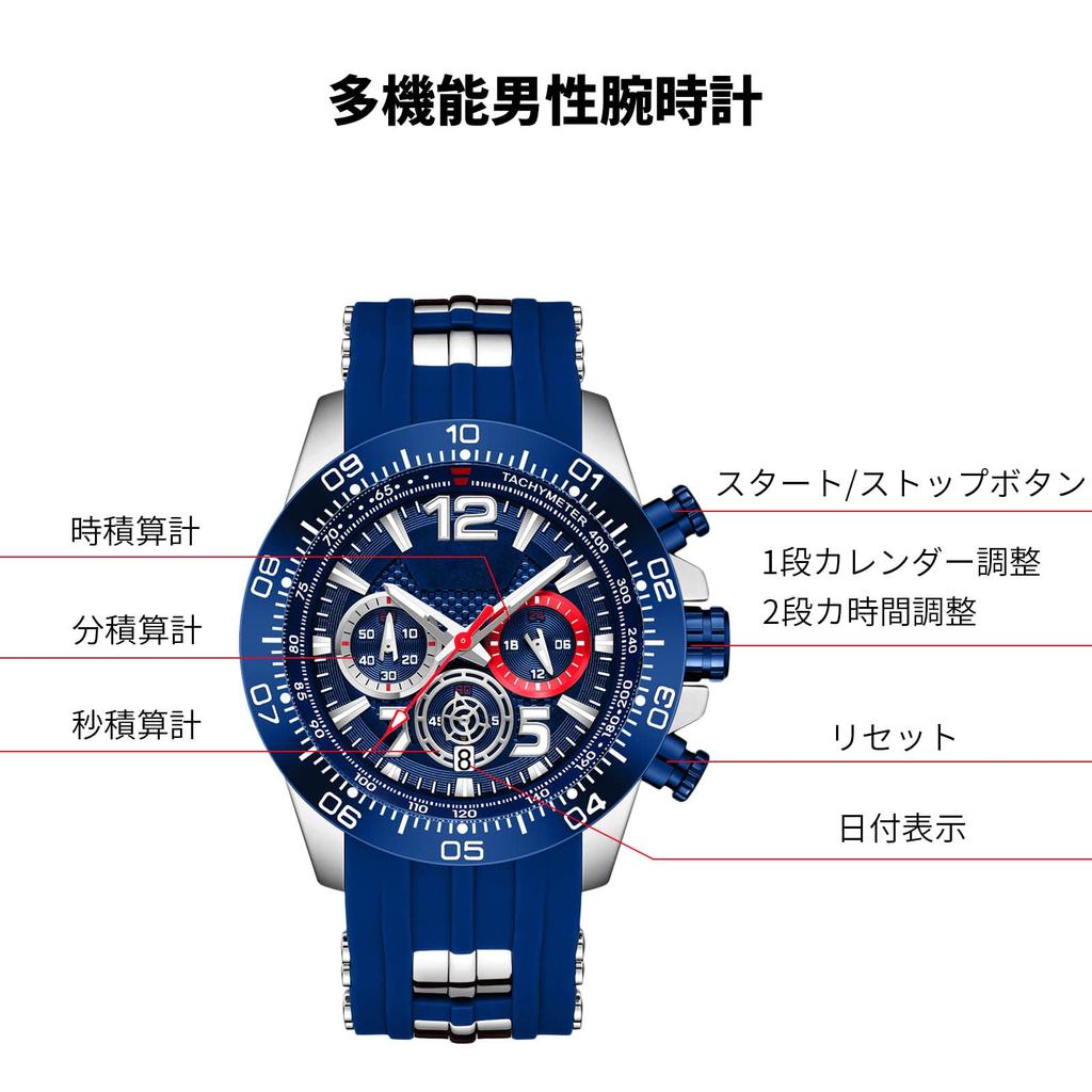 RORIOS Waterproof Analog Watch with Date Luminous Quartz Silicone Blue Perfect for or As a Gift Men's Chronograph, Calendar, Display, Movement, Strap,
