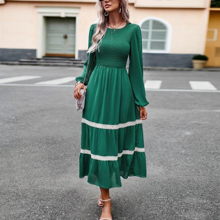 Elegante Vestido Largo para Mujer Cintura Alta Color Sólido Cuello O Manga Larga Otoño Invierno