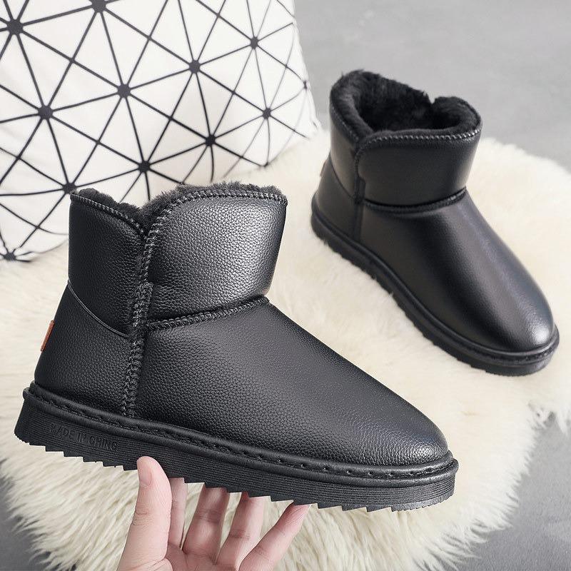 Winter Leather Waterproof Snow Boots Men's Cotton Shoes Non-slip and Warm Thickened Velvet Short Tube Thick-soled Comfortable Men's Cotton Boots