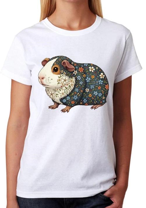 Floral Guinea Pig Illustration Ladies T-Shirt Cute Pet Lover Art Tee XXXL