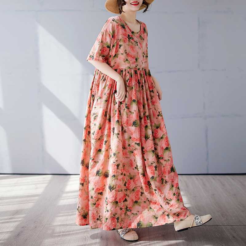 

Fashionable Long Skirt Summer Short Sleeved Round Neck Printed Dress One size