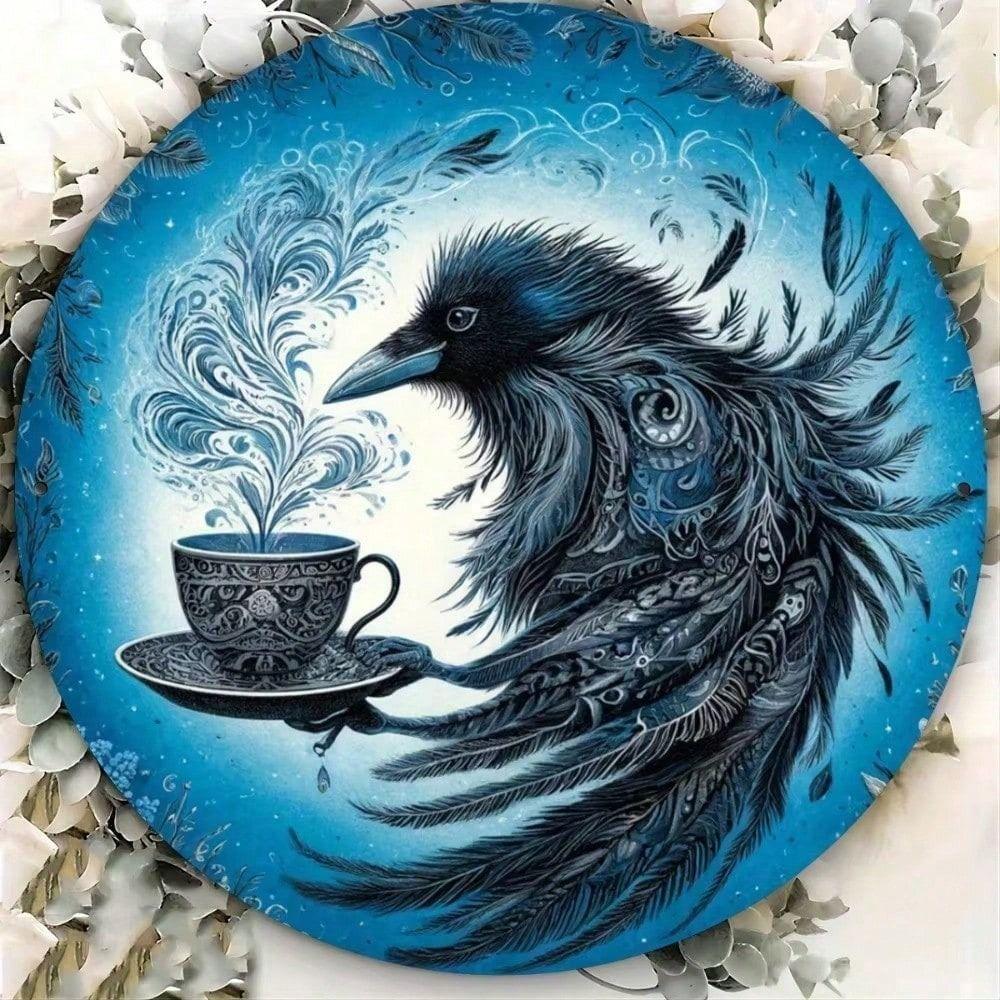 Round Metal Wall Sign Crow Coffee Kitchen Art 20cm