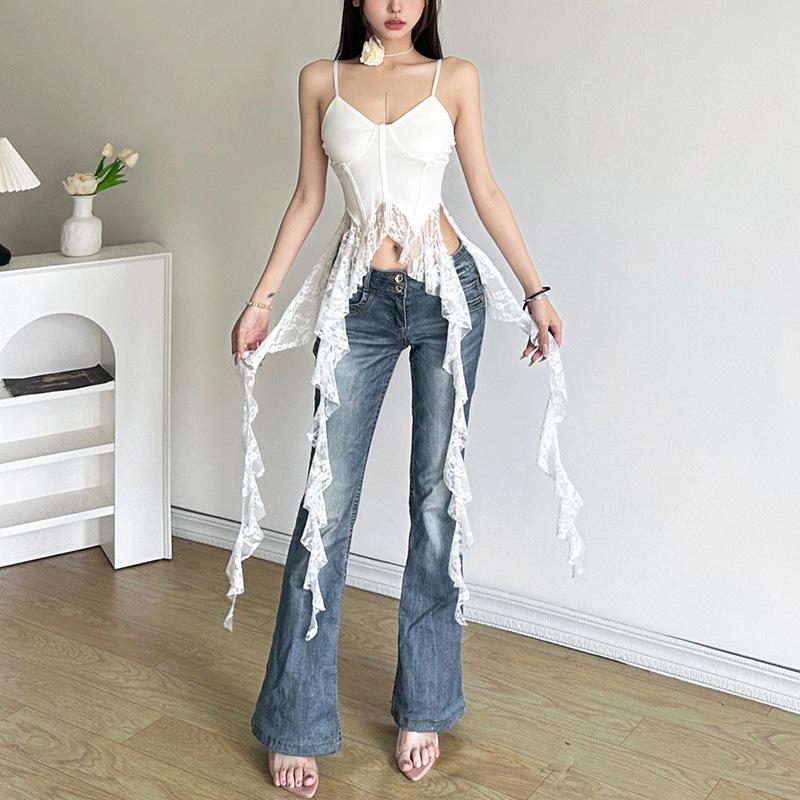 Summer Women Y2k Crop Tops Ladies Sleeveless Asymmetrical Ruffles Tank Top Lace Hem Slim Tanks Tops Shirts Streetwear