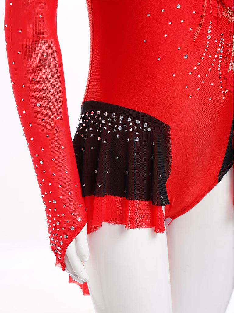 Mädchen Lyrisches Tanzkostüm Applikation Glänzende Strasssteine Rocked Leo Colorblock Mesh Langarm Body