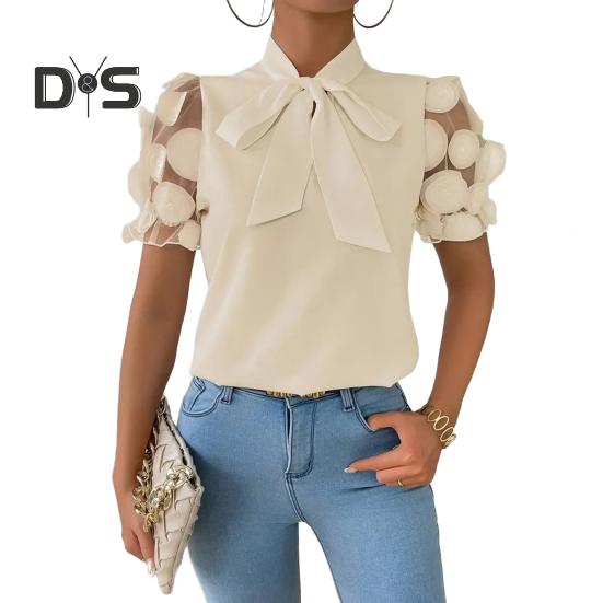 Damen-Shirt mit Schleifenausschnitt, Mesh-Jacquard, kurze Ärmel, Freizeithemd, einfarbige Bluse für den Alltag