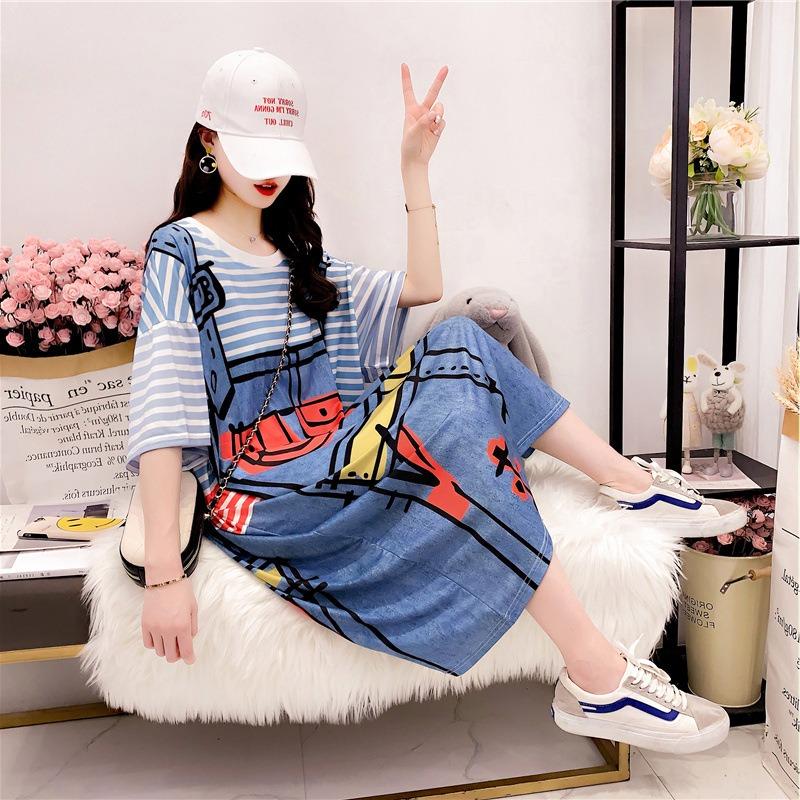 Women's Summer Short Sleeve Loose Cartoon Print Dress Fake Two Striped Suspenders T-shirt Dress