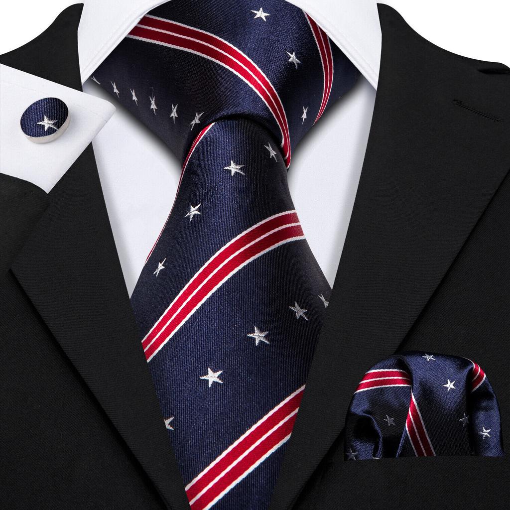 Barry.Wang Ties for Men Necktie Hankerchief Cufflinks Set Burgundy Striped Jacquard Wedding