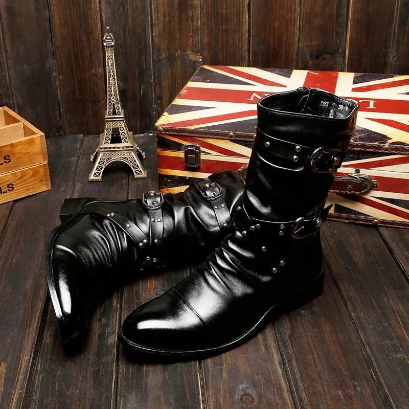 Autunno Inverno Classico retrò alta qualità pelle nera UOMO stivaletti da motociclista stile punk rock con borchie e cinturino con fibbia
