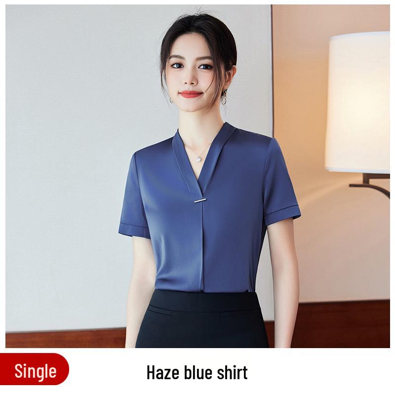 

Женская блузка с коротким рукавом из сатина с V-образным вырезом: Устойчивая к сминанию, Приталенная, Профессиональная белая рабочая рубашка для лета XXXL