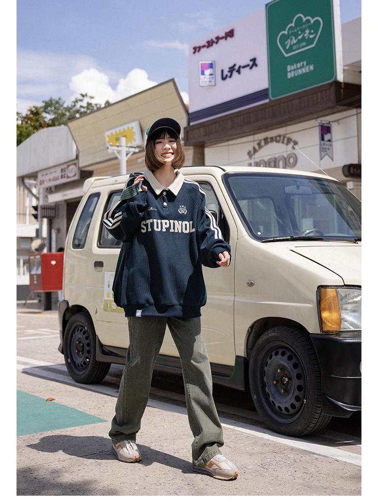 Preppy Retro Embroidered Long-Sleeve Polo Shirt - Trendy Color Block Lapel Sweatshirt for Women and Couples