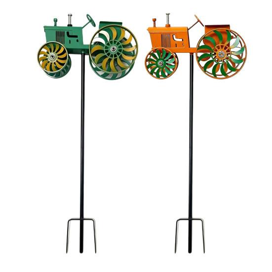 Garden Wind Spinner Kinetic Tractor Wind Sculpture with Rotating Wheels Outdoor Metal Windwill with Stake for Flower Bed Lawn Patio