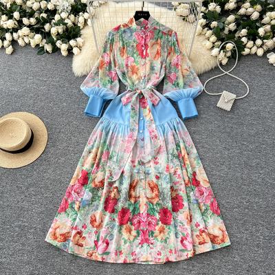 Spring Summer Women Print Chiffon Robe Plus Size Long Maxi Loose Vacation Beach Lace-up Dresses