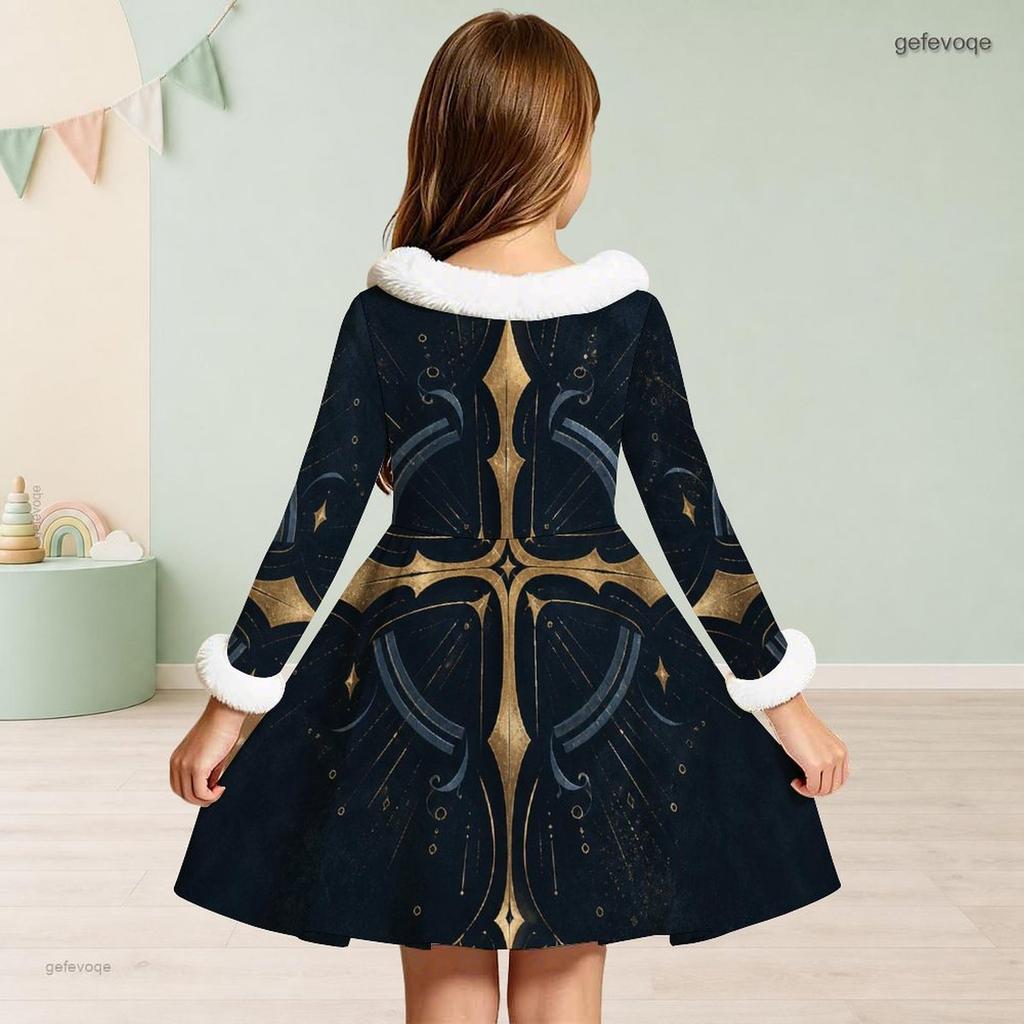 Girls High Neck Long Sleeve Printed Dark Navy Tie Waist A Line Flared Dress With White Fur Trim