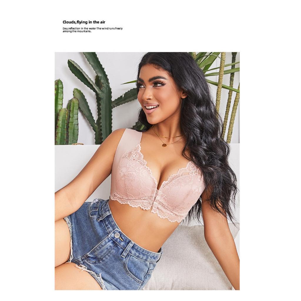 Large Front Buckle Gathers Bra, Fixed Cup Lifting, Top Brace, Lace Vest Style Bra