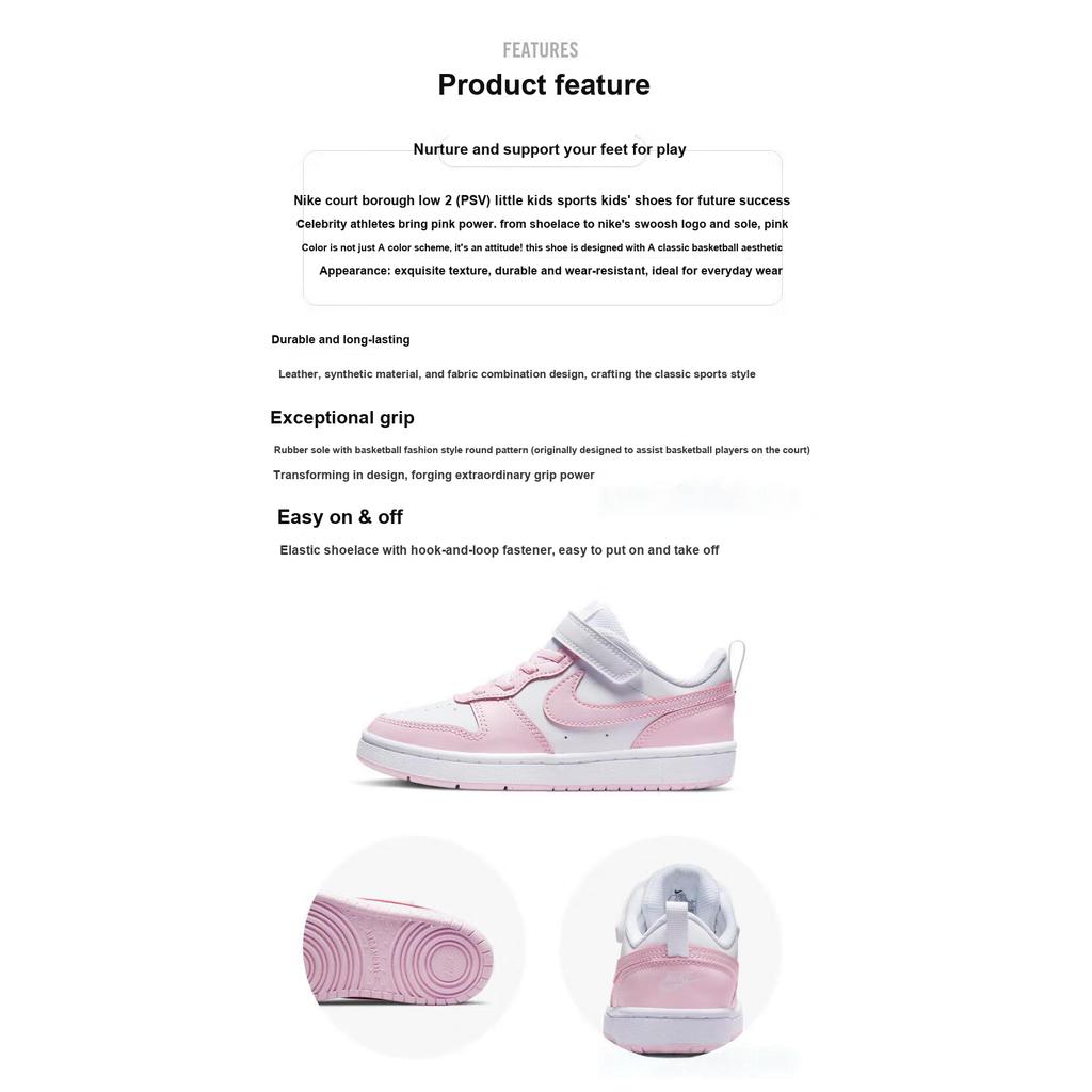Nike Court Borough Low 2 PS Bianco Rosa Schiuma Scarpe da Ginnastica per Bambini DQ0473-100
