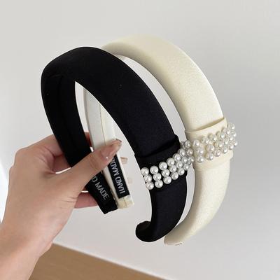 Koreaanse Parel Satijn Hoofdbanden voor Vrouwen Elegant Zwart Wit Breed Zijde Elastisch Spons Dik Hoofddeksel Bruiloft Haaraccessoires