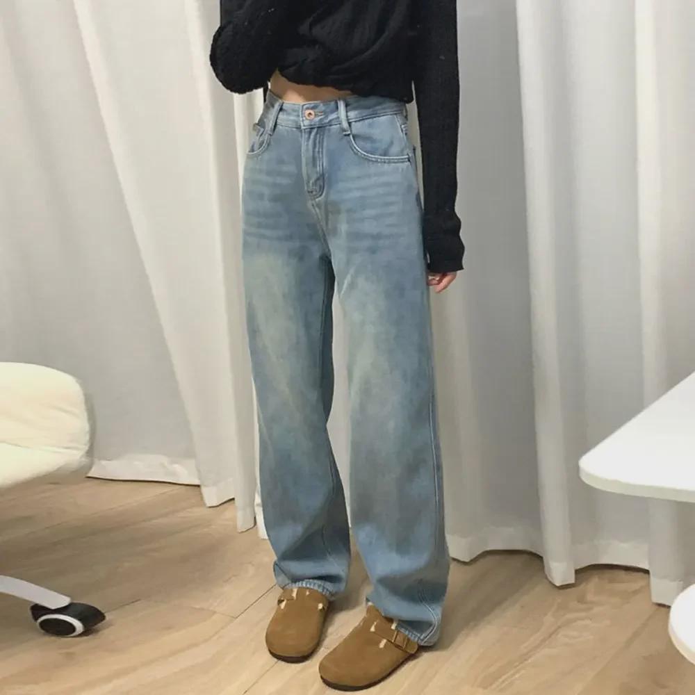 Damskie pluszowe ciepłe dżinsy z wysokim stanem i szerokimi nogawkami - styl amerykański, edycja jesienno-zimowa