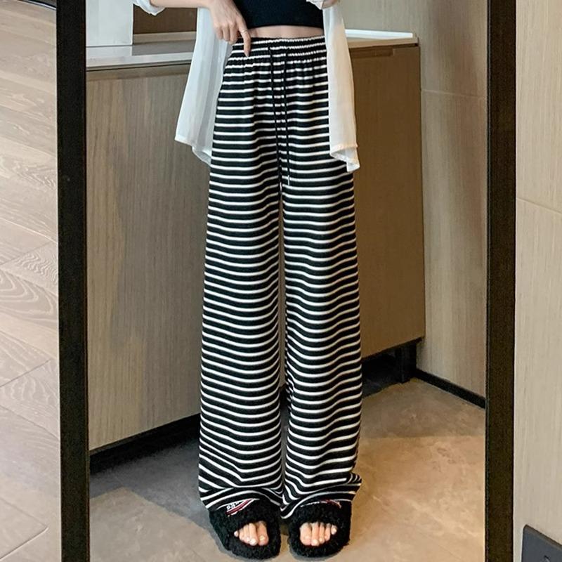 Petite High Waist Zebra Striped Wide Leg Knit Pants - Black & White, Women's Spring/Autumn