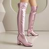 Metallic Gold Silver Thigh High Long Boots Women's Patent Leather Over the Knee High Boots Chunky Heels Shoes