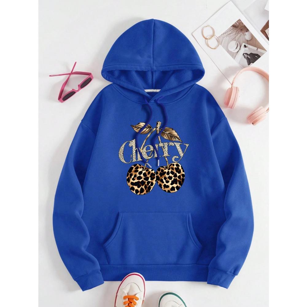 Leopard Cherry Creative Printing Hoodies Women All-Match Streetwear Y2K Pocket Hoody Autumn Casual Woman Clothing