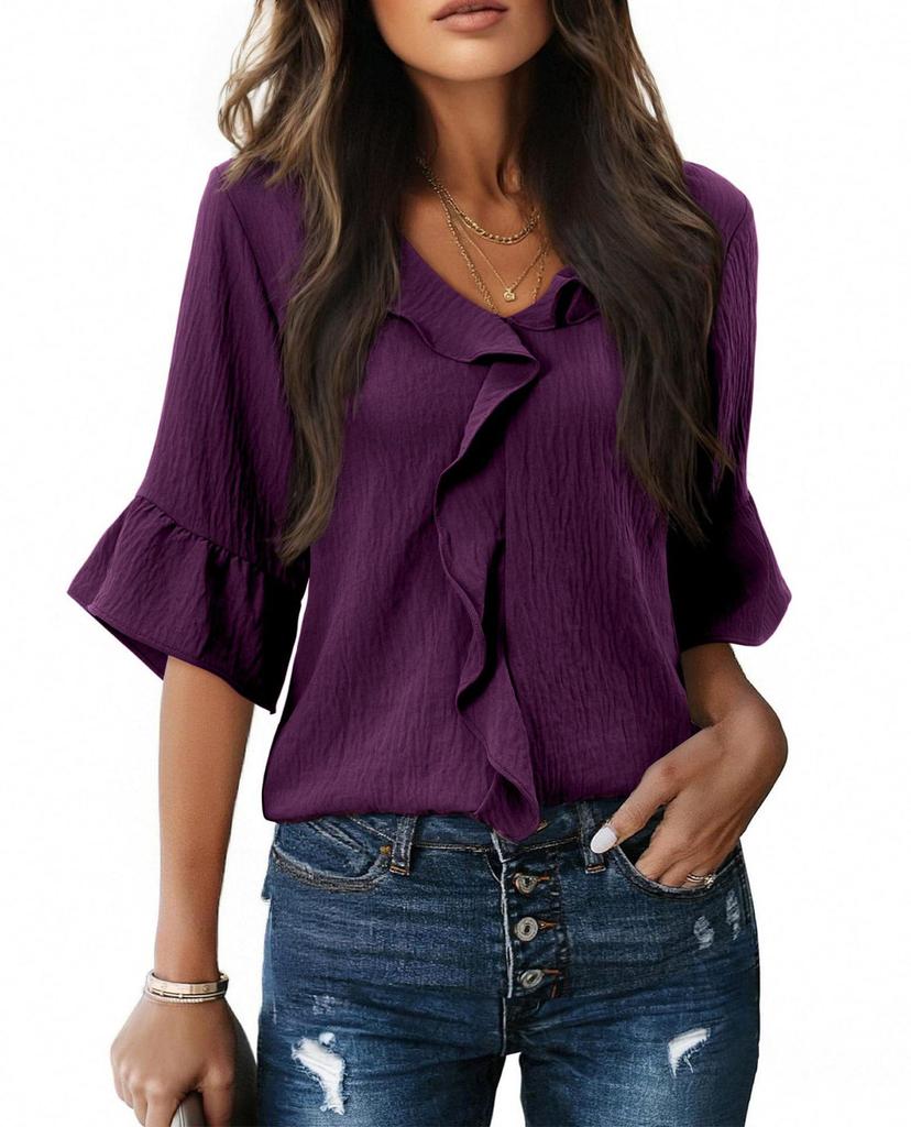 2026 Spring/Summer European & American V-neck Pleated Ruffle Loose Top