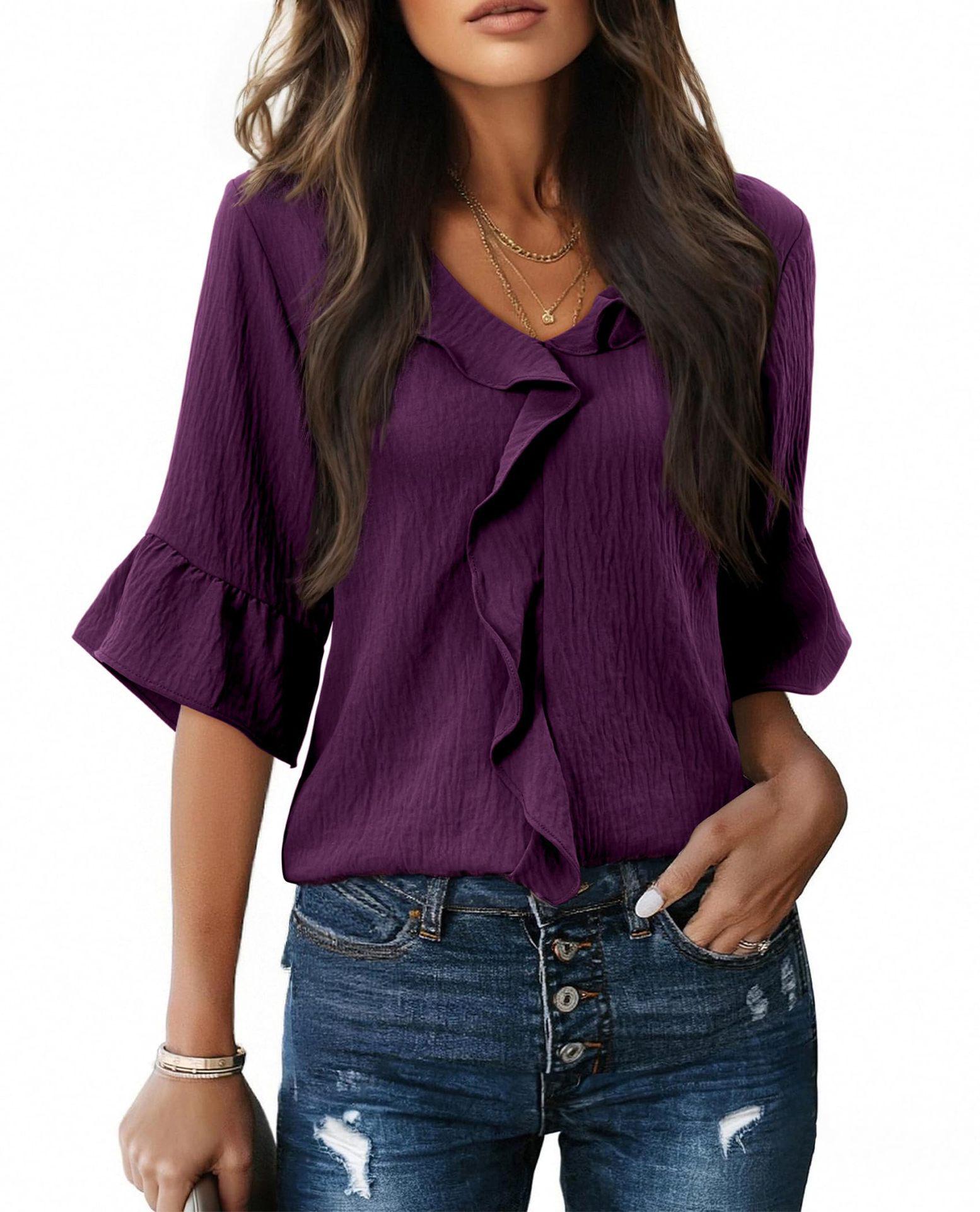 

2026 Spring/Summer European & American V-neck Pleated Ruffle Loose Top S фіолетовий