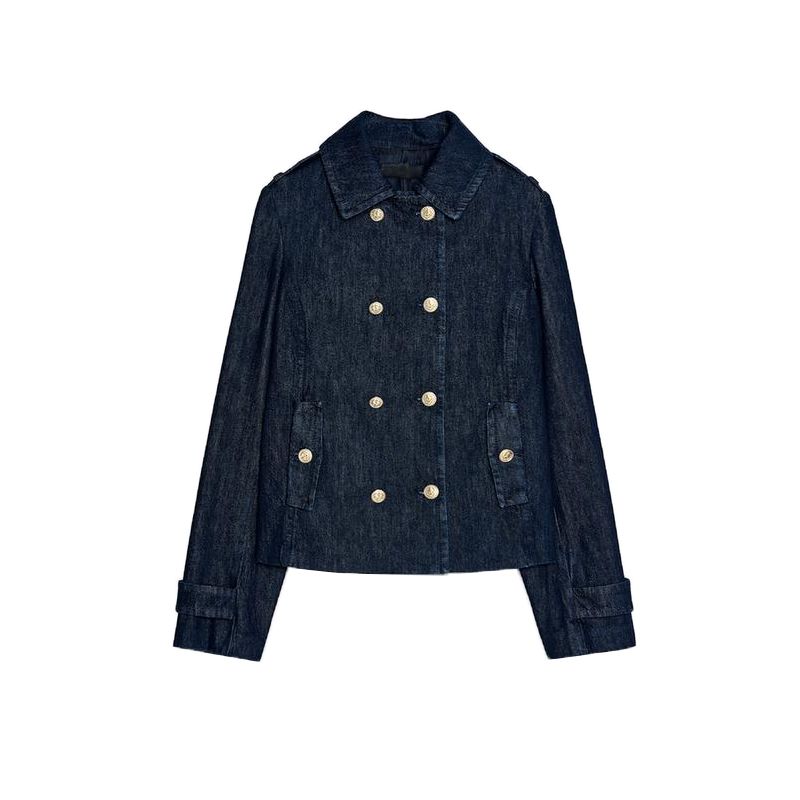 

Весенняя женская одежда Золотая отделка Ряд пуговиц Лацкан Длинный рукав Простой и стильный Деним Двубортная верхняя одежда 2301040 Blue L
